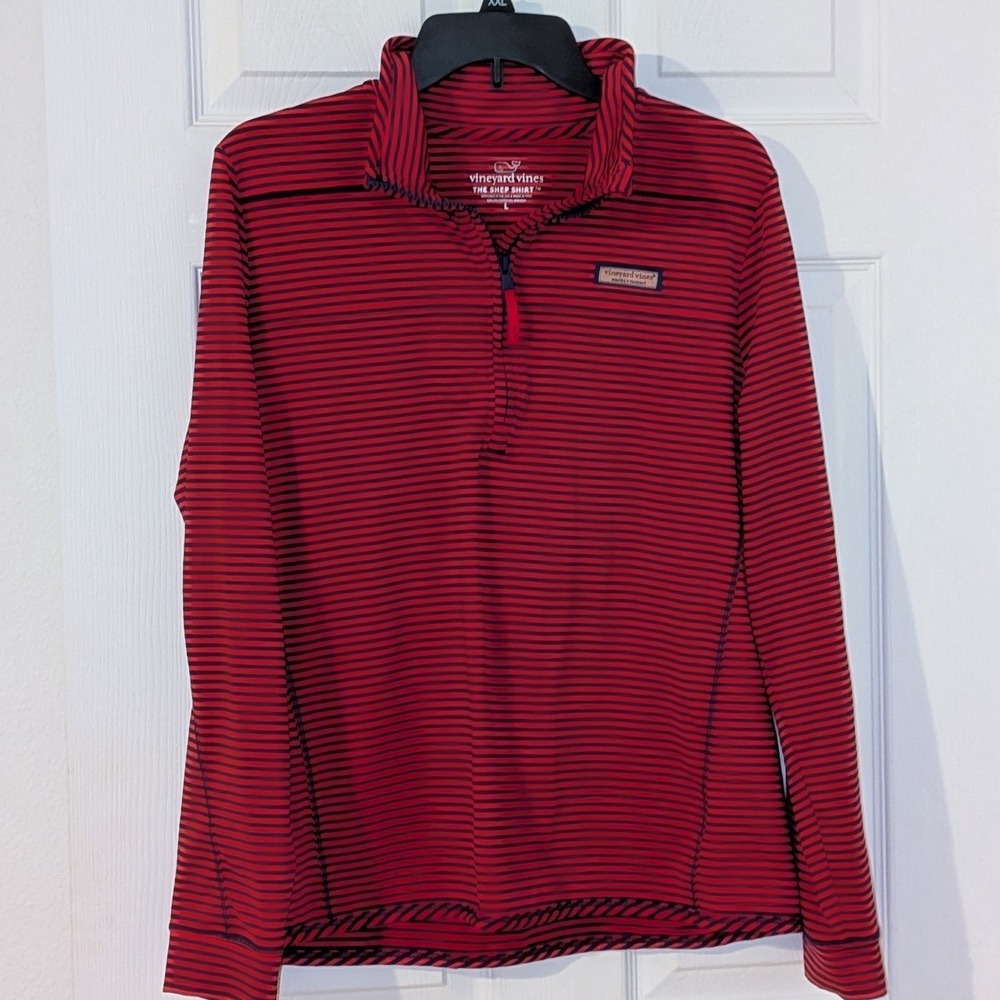 Vineyard Vines Shep Shirt Womens Large Red Navy Blue Striped 1/4 Zip Pullover